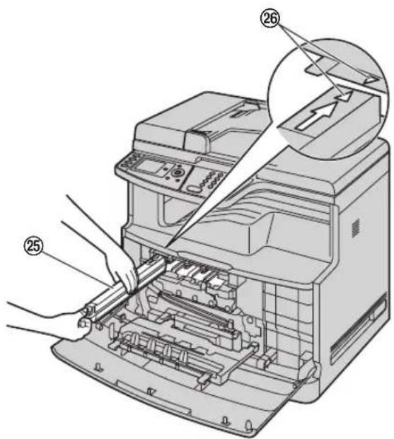 Diagram of a printer's internal structure with numbered parts, showing hand positioning and assembly steps