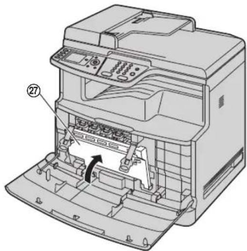 Technical diagram of an HP printer internal structure with labeled component 27