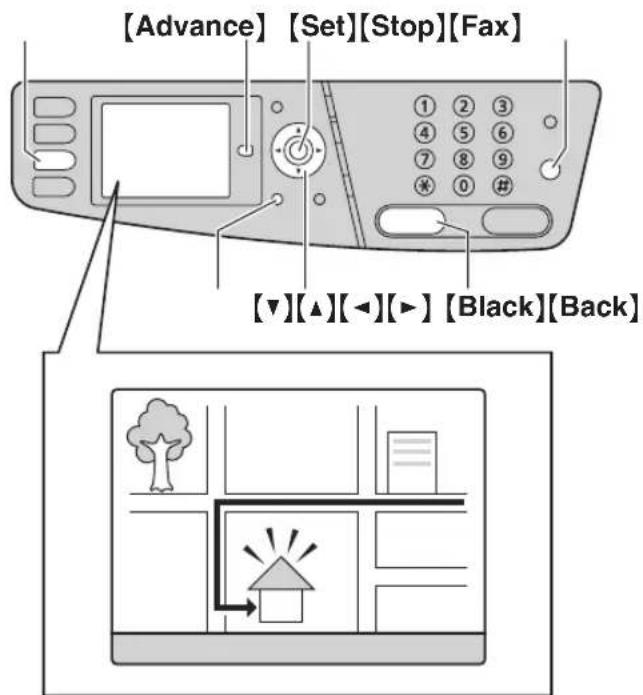 [Advance] [Set][Stop][Fax] [▼][▲][◄][►] [Black][Back]