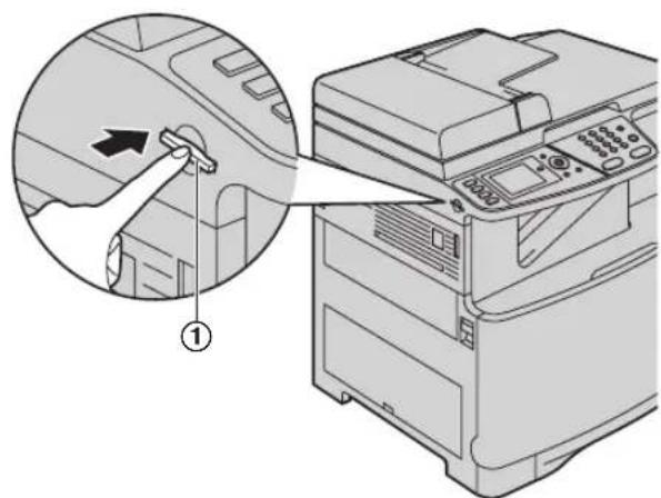 Diagram showing a printer's door panel being inserted into a printer, with a hand pointing to the handle and a numbered label (①) indicating the step.
