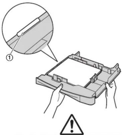 Diagram showing a hand holding a device with an inset magnified view of a component, including a warning symbol and a warning triangle.