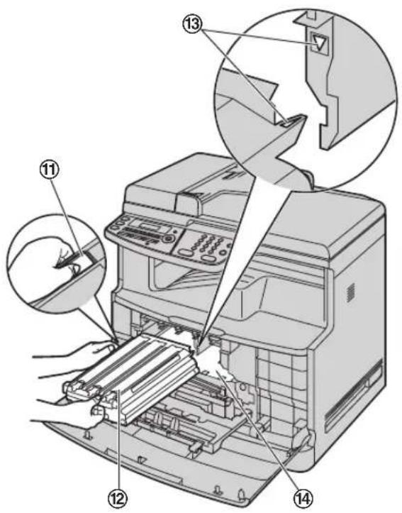 Diagram of a printer with numbered parts highlighting internal components and operations, including hand positioning and assembly steps.