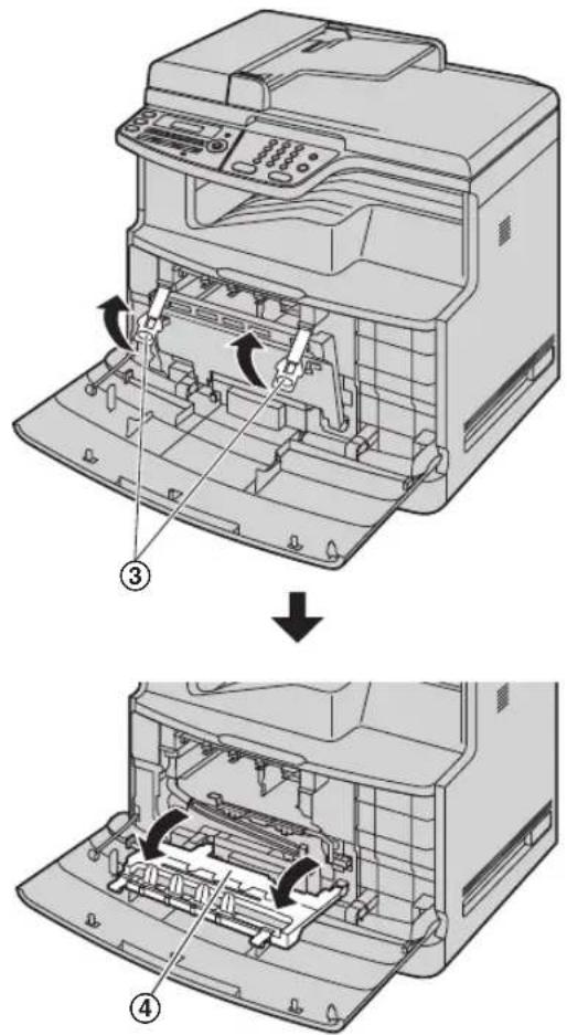 Diagram showing the process of printer internal components with numbered steps and directional arrows indicating assembly or repair.