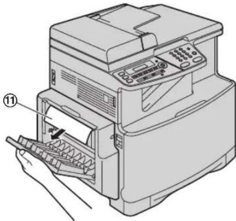 Diagram of a printer with labeled parts, showing hand inserting a paper into the main page.