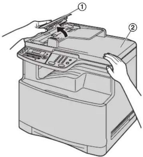Diagram of a printer with labeled parts showing hand positioning and assembly steps