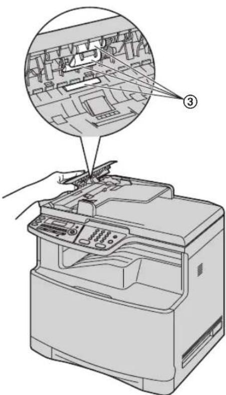 Diagram showing a printer with internal components and a hand inserting a component, labeled with number ③.