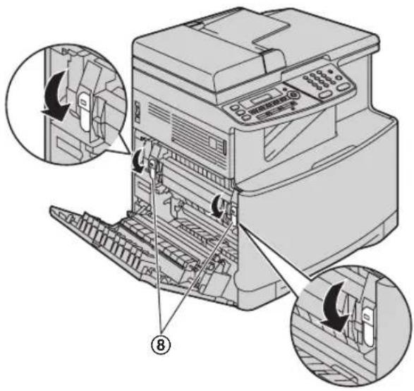 Diagram of an HP printer with labeled parts and zoomed-in insets showing internal components and operations.