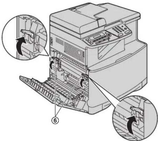 Diagram of an HP printer with labeled parts and zoomed-in insets showing internal structure changes.