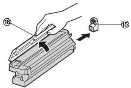 Diagram showing a hand using a tool to adjust a component, with numbered parts 15 and 16 labeled.