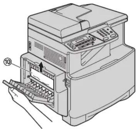 Diagram of an open printer with labeled parts, showing hand inserting a tray into the page with number 10 indicated.