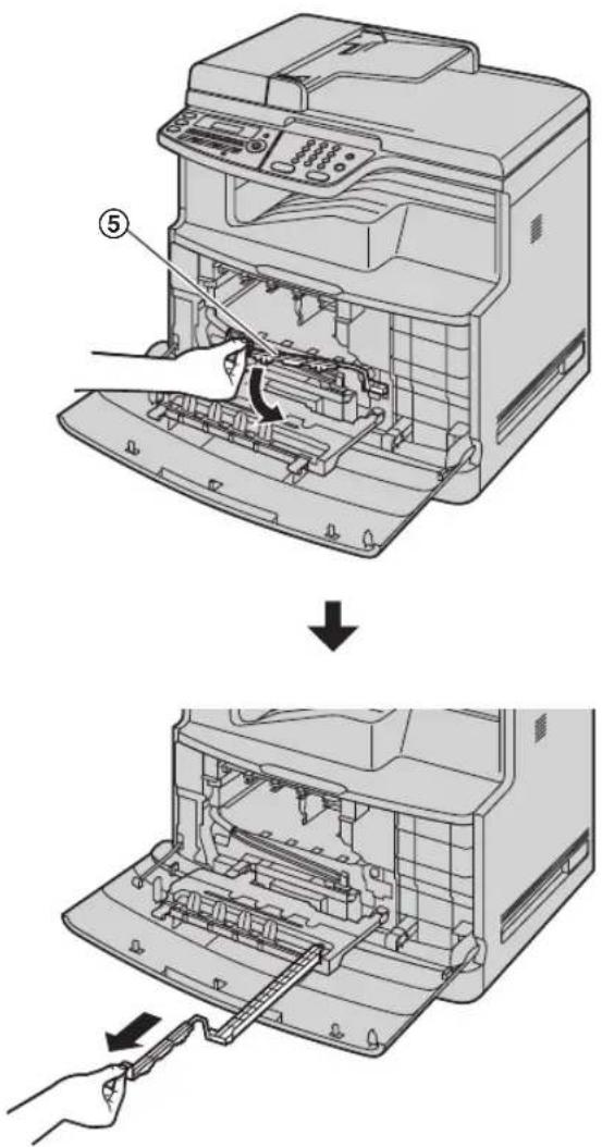 Diagram showing a printer operation sequence with labeled parts and directional arrows indicating assembly steps.