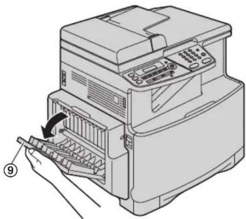 Diagram of a printer with a hand inserting a cable into the main body, labeled with number 9 pointing to the cable.