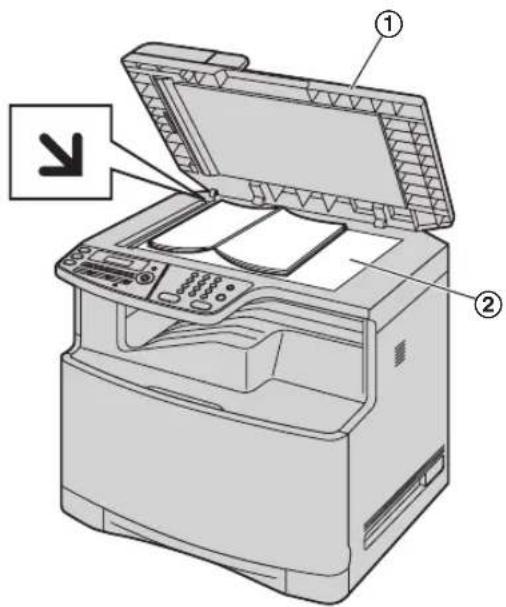 Diagram of an open printer with labeled parts, showing front and back views and a directional arrow indicator.