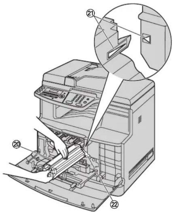 Technical diagram of a printer with numbered parts, showing internal components and assembly steps