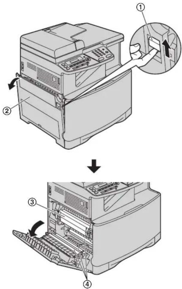 Diagram showing the process of printer operation with numbered steps and a magnified view of the printer's internal structure.