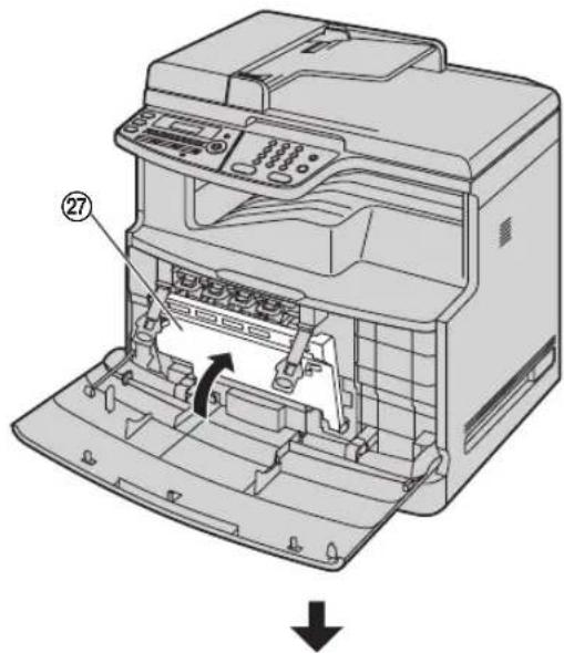 Diagram of an HP printer internal structure with labeled component (27) and directional arrow indicating assembly or operation.