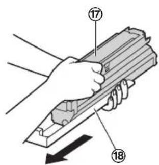 Diagram showing a hand holding a mechanical component with numbered parts 17 and 18, indicating parts of a device or assembly.