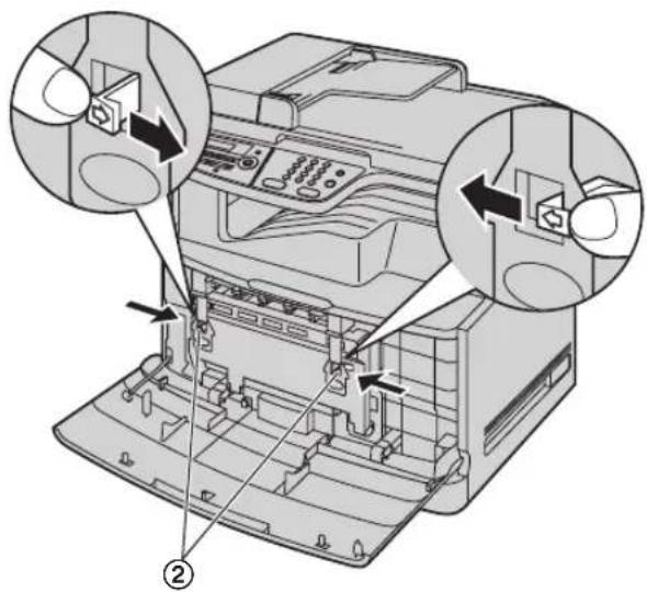Diagram of a printer with labeled parts and arrows indicating process steps, showing internal components and assembly.
