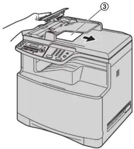 Diagram of a printer with labeled parts, showing hand operating the lid and paper tray with control panel