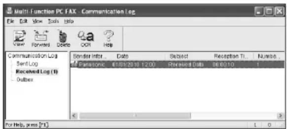 Multi-Function PC FAX - Communication Log File Edit View Tools Help View Forward Delete PCR Help Communication Log Send Log Received Log (1) Outbox Border Info... Date Subject Reception TI... Number... Panasonic 01/01/2010 12:00 Received Data 06/01/10 1 For Help, press [F1] L O
