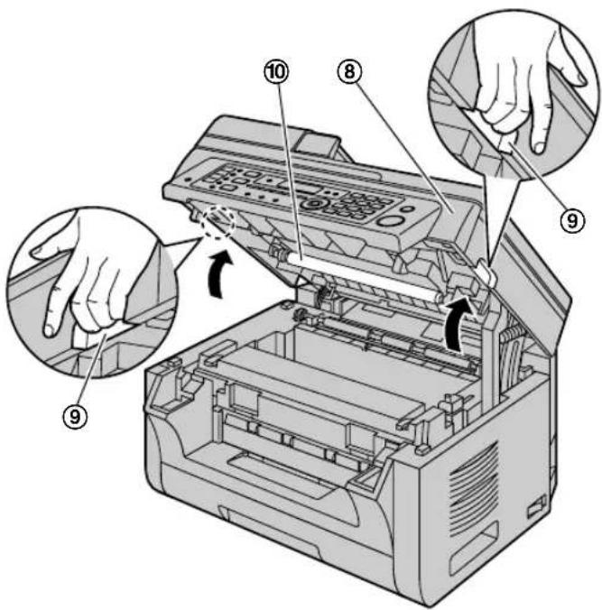 Diagram of a printer's internal structure with numbered parts and hand gestures indicating process steps