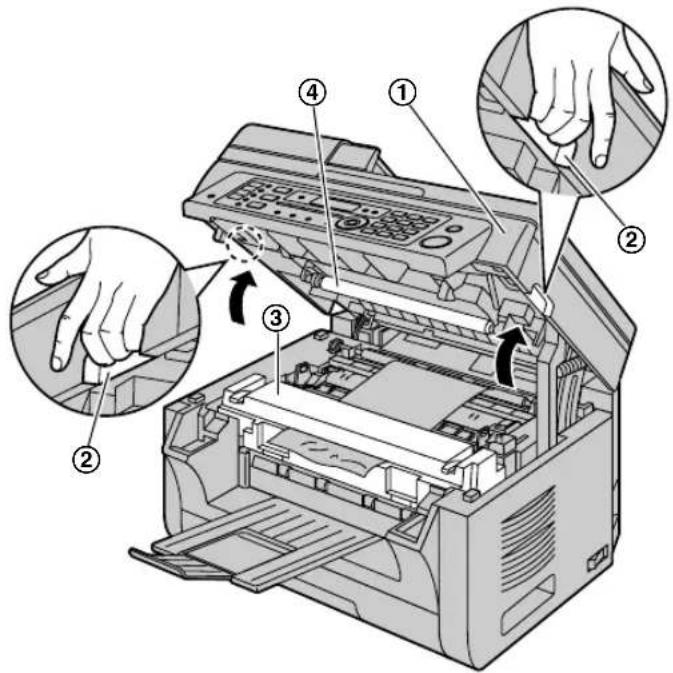 Diagram of a printer's internal structure with numbered parts and hand gestures indicating process steps