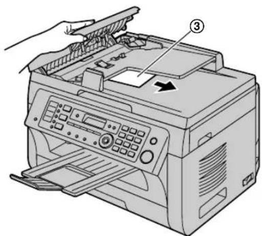 Diagram of a printer with labeled parts, showing hand operating the lid and paper inside the frame.