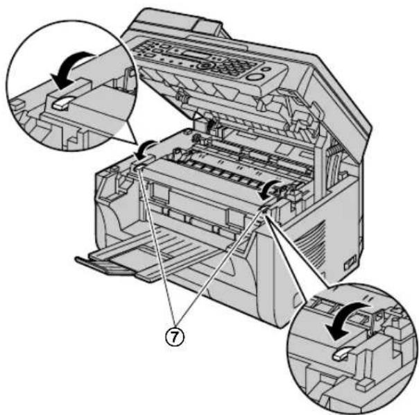 Technical diagram of a printer with labeled parts and directional arrows indicating assembly steps