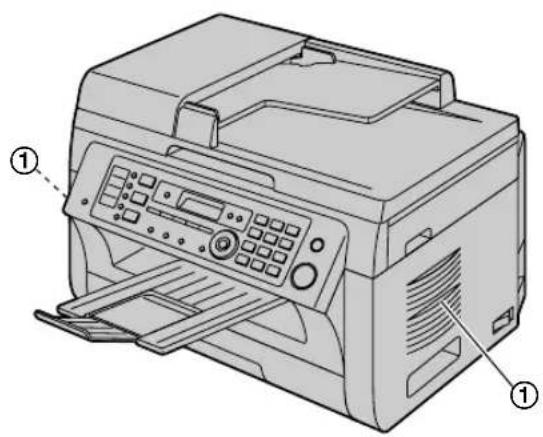 Diagram of a printer with labeled parts, showing front and back views and control panel