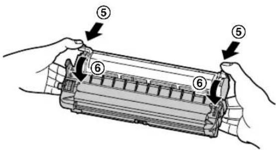 Diagram showing two hands installing a cylindrical component with numbered parts (⑤ and ⑥) indicated.
