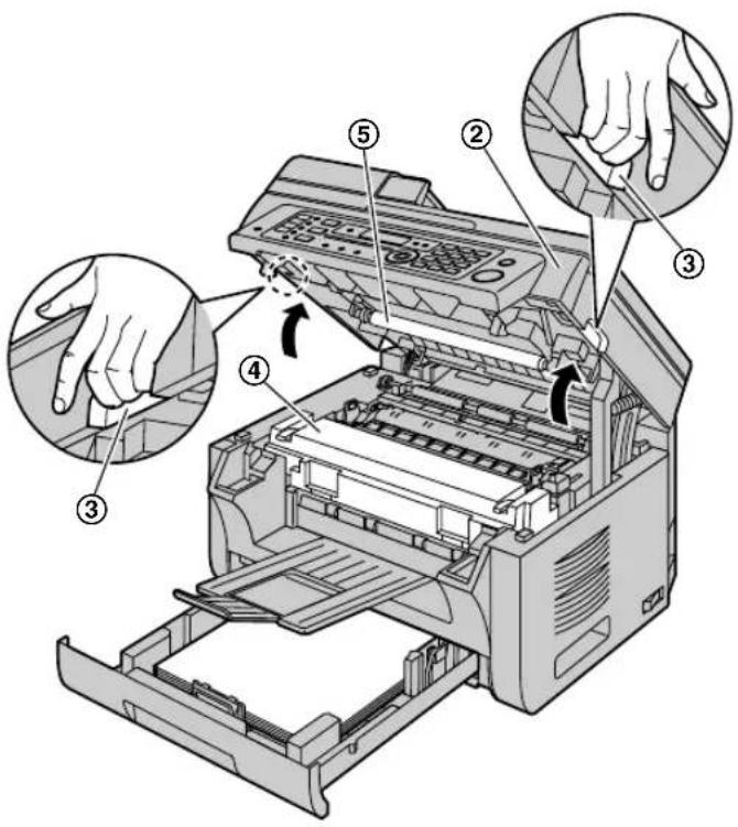 Diagram of a printer's internal structure with numbered parts and hand gestures indicating process steps