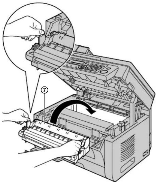 Diagram showing hands operating a printer with a numbered inset view highlighting the process.