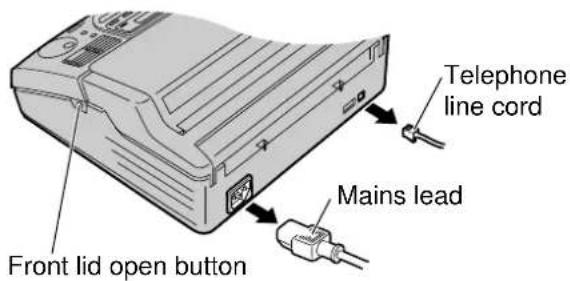 Front lid open button Mains lead Telephone line cord