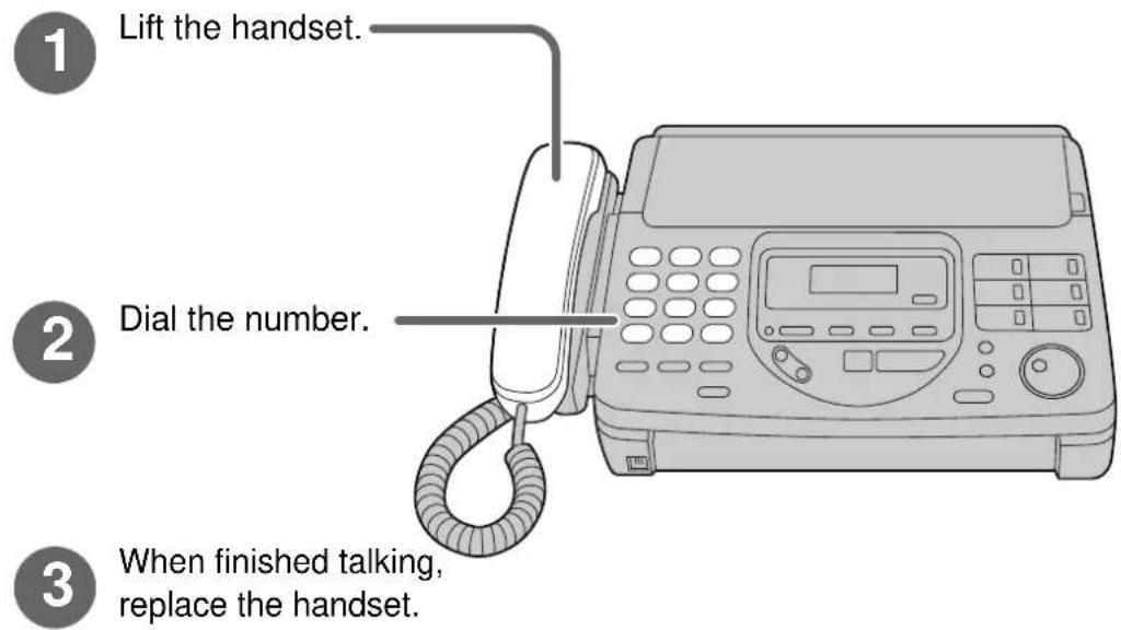 1 Lift the handset. 2 Dial the number. 3 When finished talking, replace the handset.