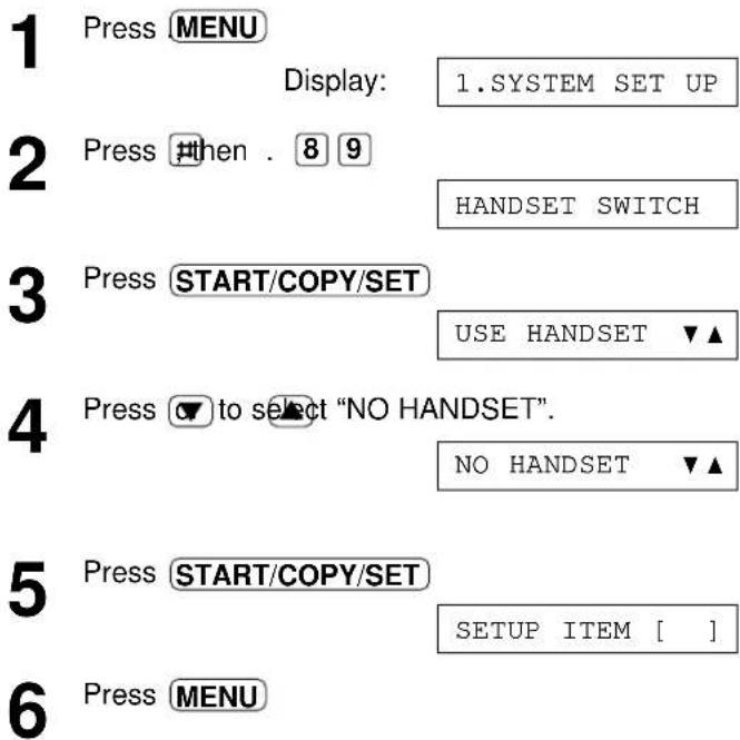 1 Press MENU Display: 1.SYSTEM SET UP 2 Press #then . 8 9 HANDSET SWITCH 3 Press START/COPY/SET USE HANDSET ▼▲ 4 Press ▼ to select "NO HANDSET". NO HANDSET ▼▲ 5 Press START/COPY/SET SETUP ITEM [ ] 6 Press MENU