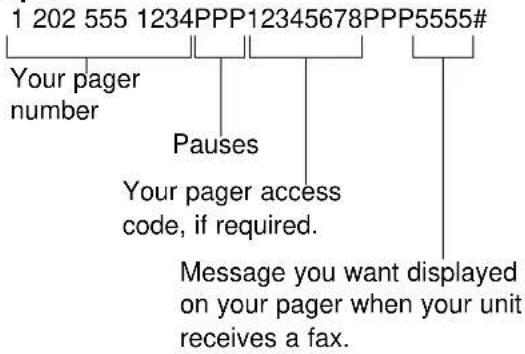 1 202 555 1234PPP12345678PPP555# Your pager number Pauses Your pager access code, if required. Message you want displayed on your pager when your unit receives a fax.