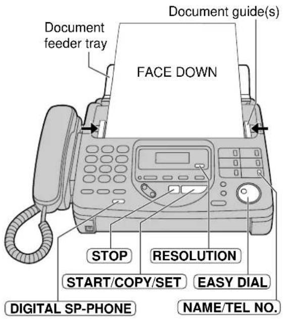 Document feeder tray FACE DOWN Document guide(s) STOP RESOLUTION START/COPY/SET EASY DIAL DIGITAL SP-PHONE NAME/TEL NO.