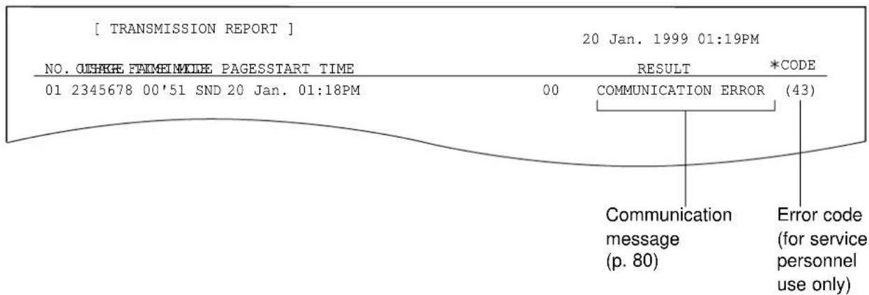 [ TRANSMISSION REPORT ] NO. OUSHGE FATHMINDOE PAGESSTART TIME 01 2345678 00'51 SND 20 Jan. 01:18PM 20 Jan. 1999 01:19PM RESULT *CODE 00 COMMUNICATION ERROR (43) Communication message (p. 80) Error code (for service personnel use only)