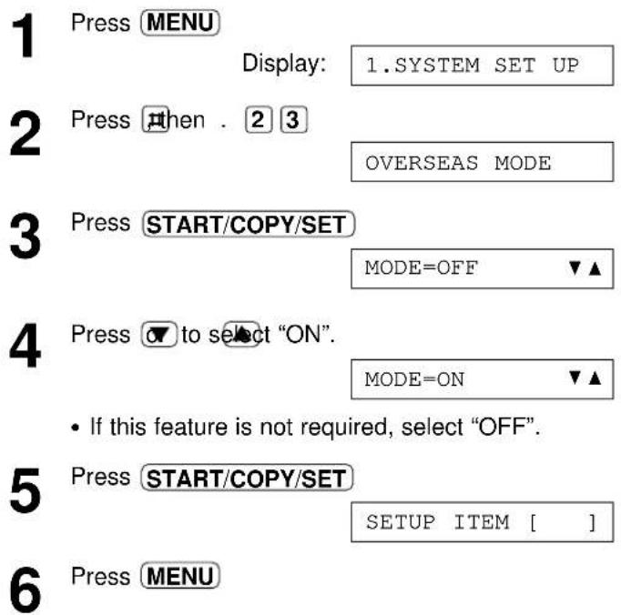 1 Press MENU Display: 1.SYSTEM SET UP 2 Press then . 2 3 OVERSEAS MODE 3 Press START/COPY/SET MODE=OFF ▼▲ 4 Press ▼ to select "ON". MODE=ON ▼▲ • If this feature is not required, select "OFF". 5 Press START/COPY/SET SETUP ITEM [ ] 6 Press MENU