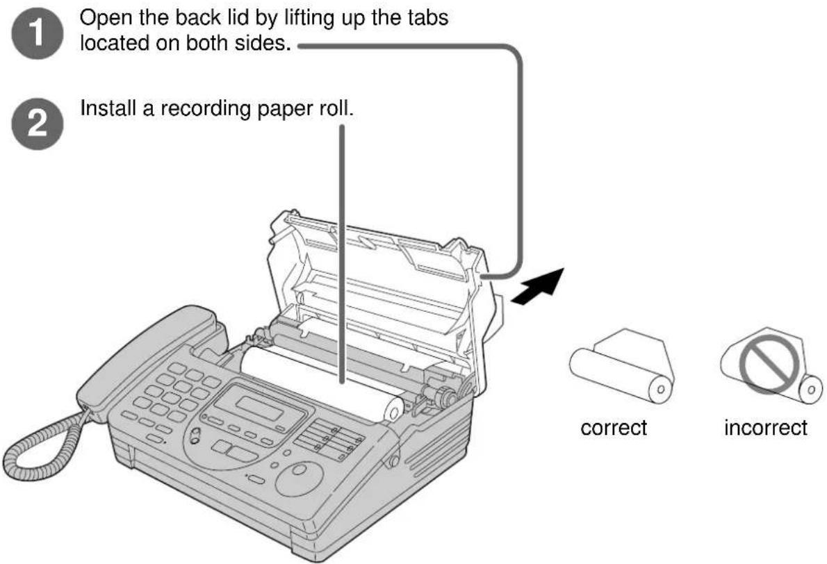 1 Open the back lid by lifting up the tabs located on both sides. 2 Install a recording paper roll. correct incorrect