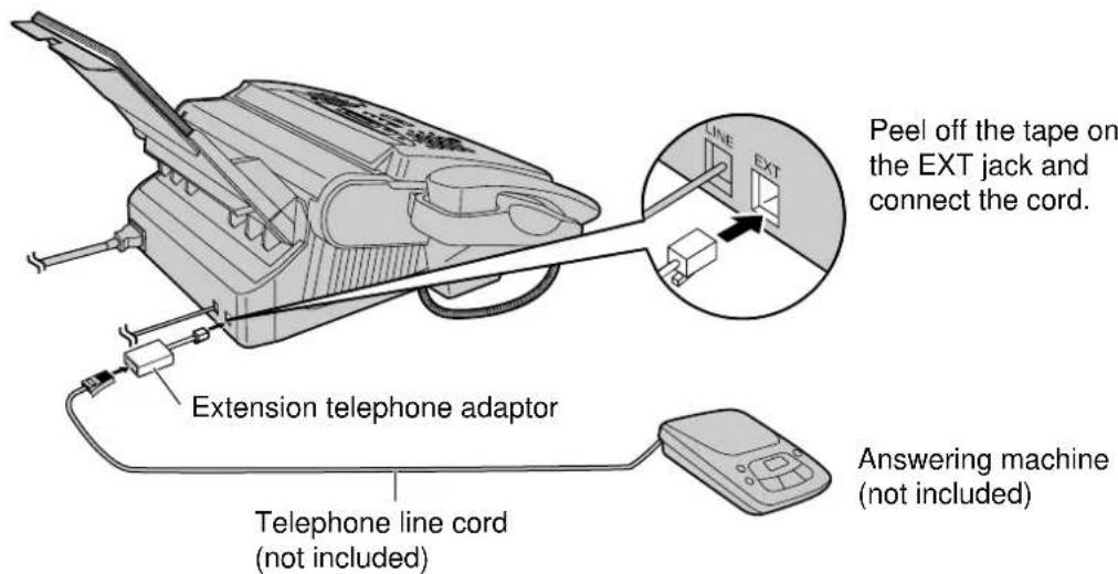 Peel off the tape on the EXT jack and connect the cord. Extension telephone adaptor Telephone line cord (not included) Answering machine (not included)