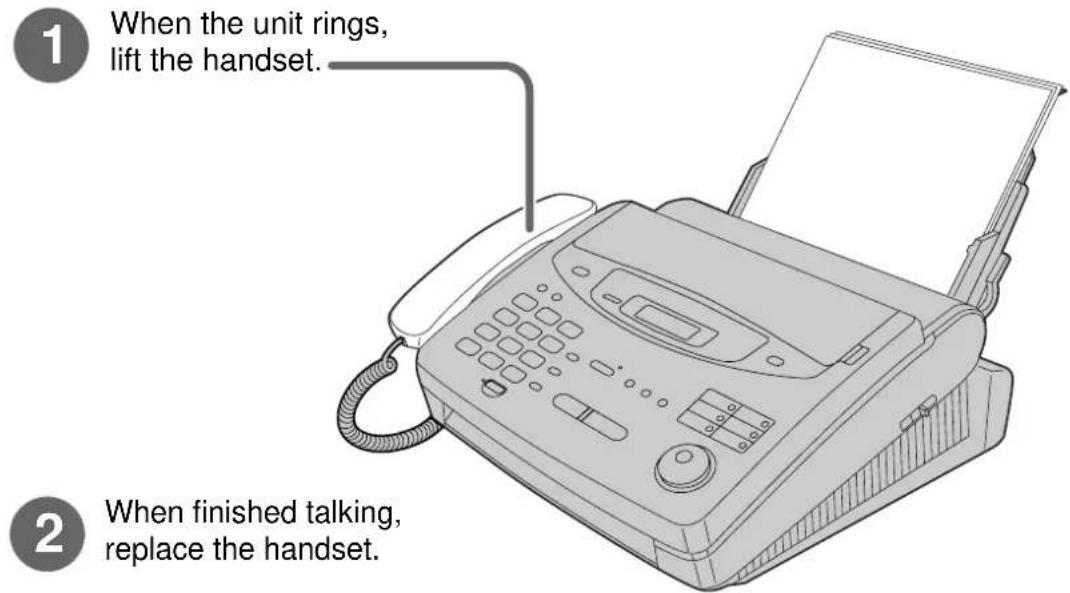 1 When the unit rings, lift the handset. 2 When finished talking, replace the handset.