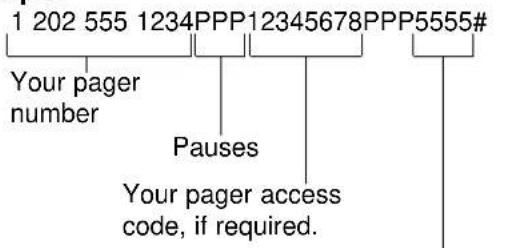 1 202 555 1234PPP12345678PPP5555# Your pager number Pauses Your pager access code, if required.