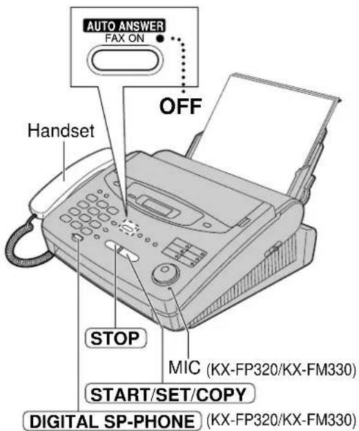 AUTO ANSWER FAX ON OFF Handset STOP MIC (KX-FP320/KX-FM330) START/SET/COPY DIGITAL SP-PHONE (KX-FP320/KX-FM330)