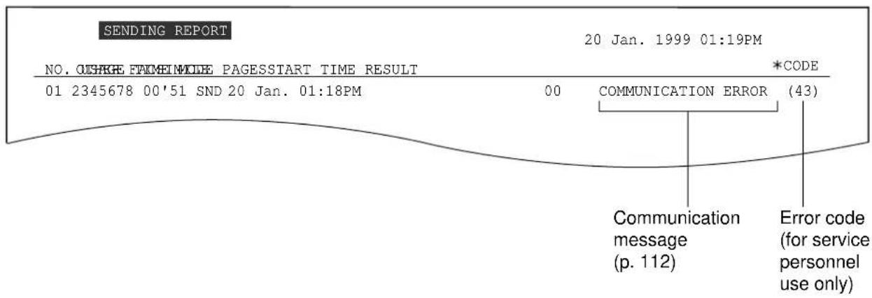 SENDING REPORT NO. OISAGE FATMEINMODE PAGESSTART TIME RESULT 01 2345678 00'51 SND 20 Jan. 01:18PM 20 Jan. 1999 01:19PM *CODE 00 COMMUNICATION ERROR (43) Communication message (p. 112) Error code (for service personnel use only)