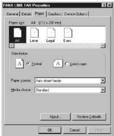 FANA LINK FAX Properties General Details Paper Graphics Device Options Paper size: A4 (210 x 297 mm) A4 Laser Legal Elec Orientation A Outset A Landscape Paper source: Auto sheet header Media choice: Standard About... Restore Defaults OK Cancel Back