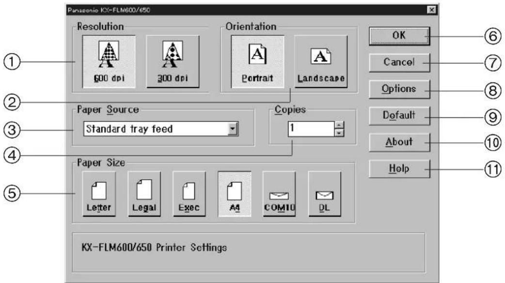 Panasonic KX-FLM600/650 Resolution 600 dpi Orientation Portrait Landscape Paper Source Standard tray feed Copies 1 Paper Size Letter Legal Exec A4 COM10 DL OK Cancel Options Default About Help KX-FLM600/650 Printer Settings