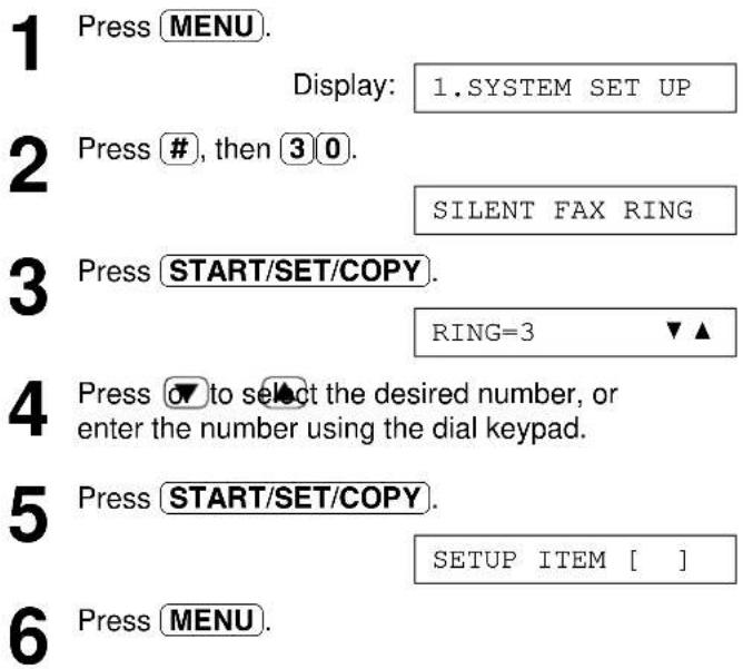 1 Press MENU. Display: 1.SYSTEM SET UP 2 Press #, then 30. SILENT FAX RING 3 Press START/SET/COPY. RING=3 ▼▲ 4 Press ▼ to select the desired number, or enter the number using the dial keypad. 5 Press START/SET/COPY. SETUP ITEM [ ] 6 Press MENU.