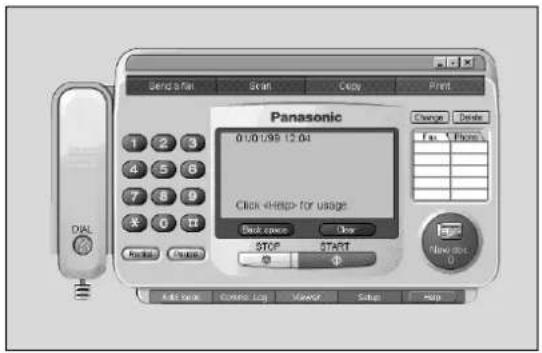 Send a fan Scan Copy Print Panasonic 0:00:09 12:04 Click for usage Stop access Stop START Add back Create Log Viewer Setup Help