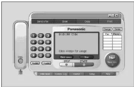 Send a fan Scan Copy Print Panasonic 01/01/98 12:04 Click for usage Back space Clear STOP START Flow down Add back Create Log Make Setup mpa